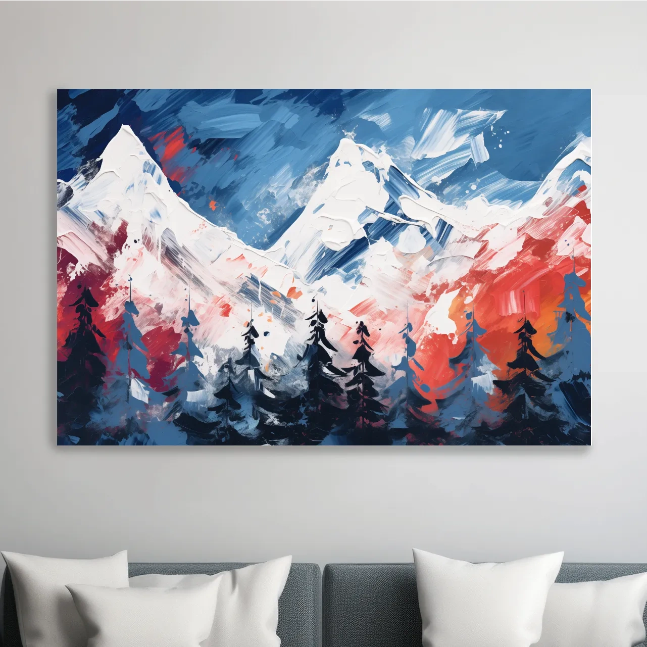 Bold rustic abstract mountain artwork, vibrant brushstroke painting of snowy peaks and forest