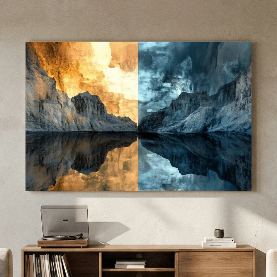 Split Tone Mountain Lake Reflection - Fiery Sunset Cool Twilight