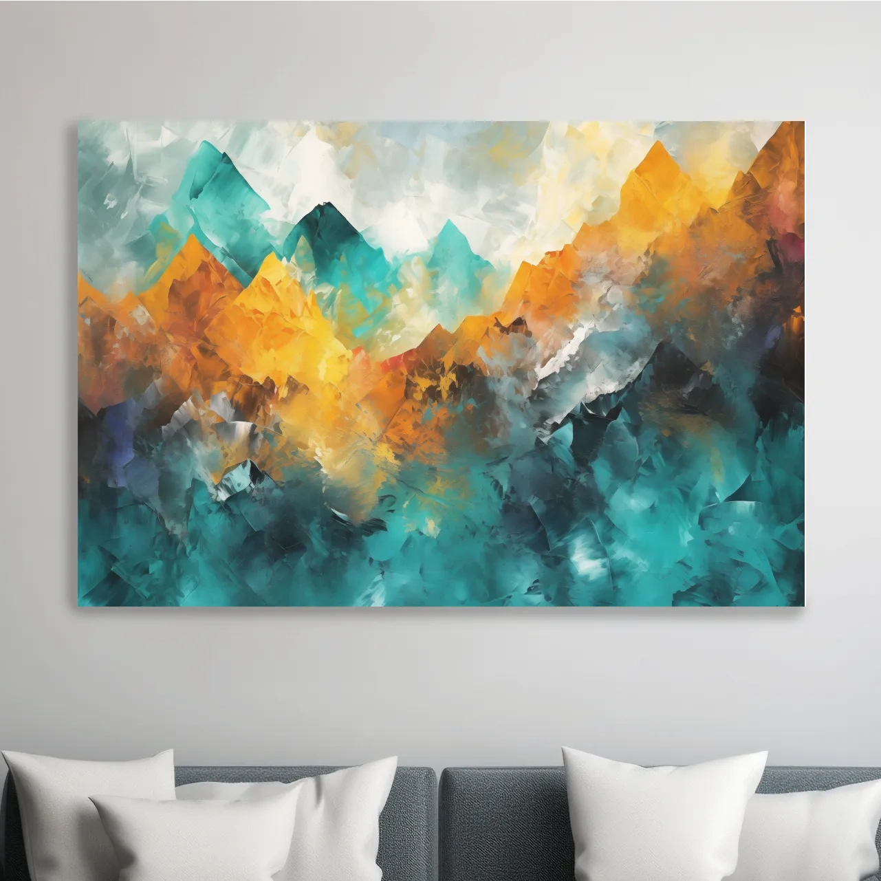 Abstract mountain painting, vibrant colorful wall art