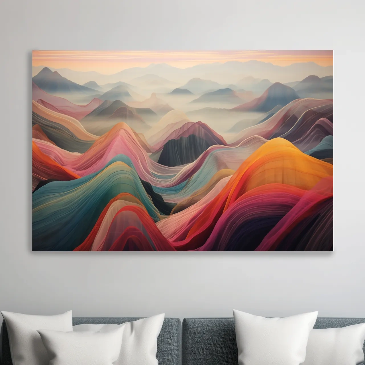 Colorful abstract mountain wall art, layered flowing waves effect