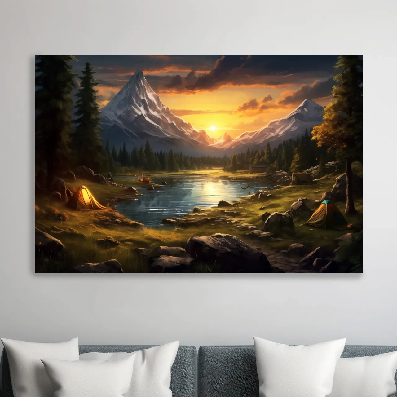 Painting of an alpine campsite by a lake at sunset, serene wall artwork