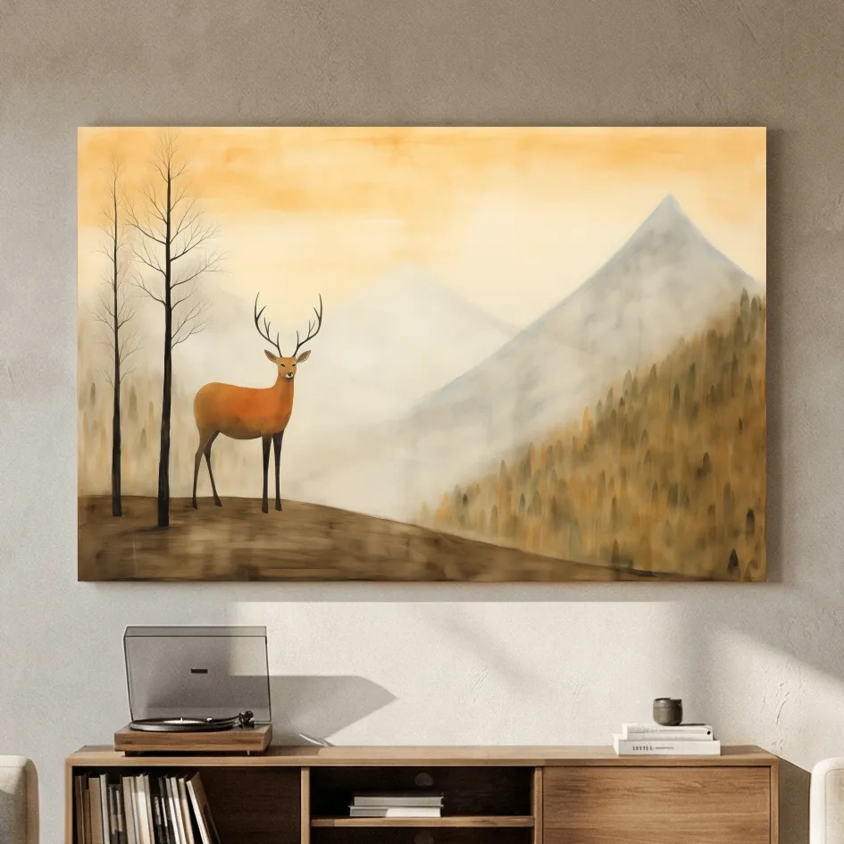 Deer Alpine Mountain Landscape Painting - Serene Foggy Forest Wall Art