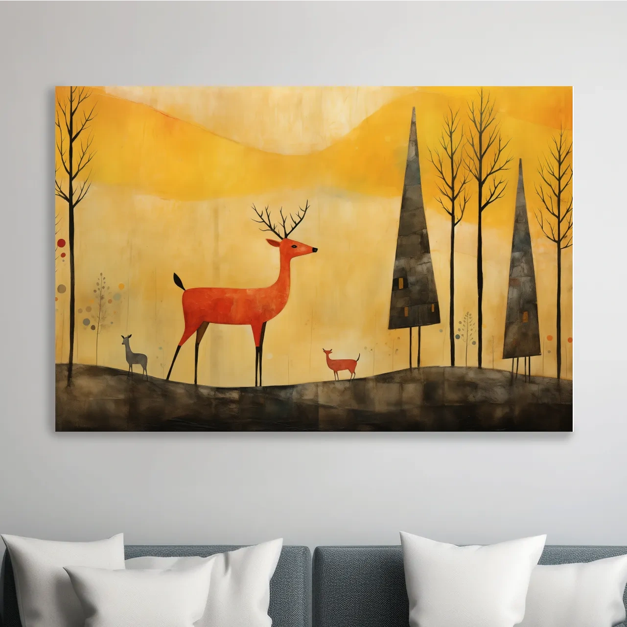 Red deer in an autumn forest landscape, quirky painting artwork