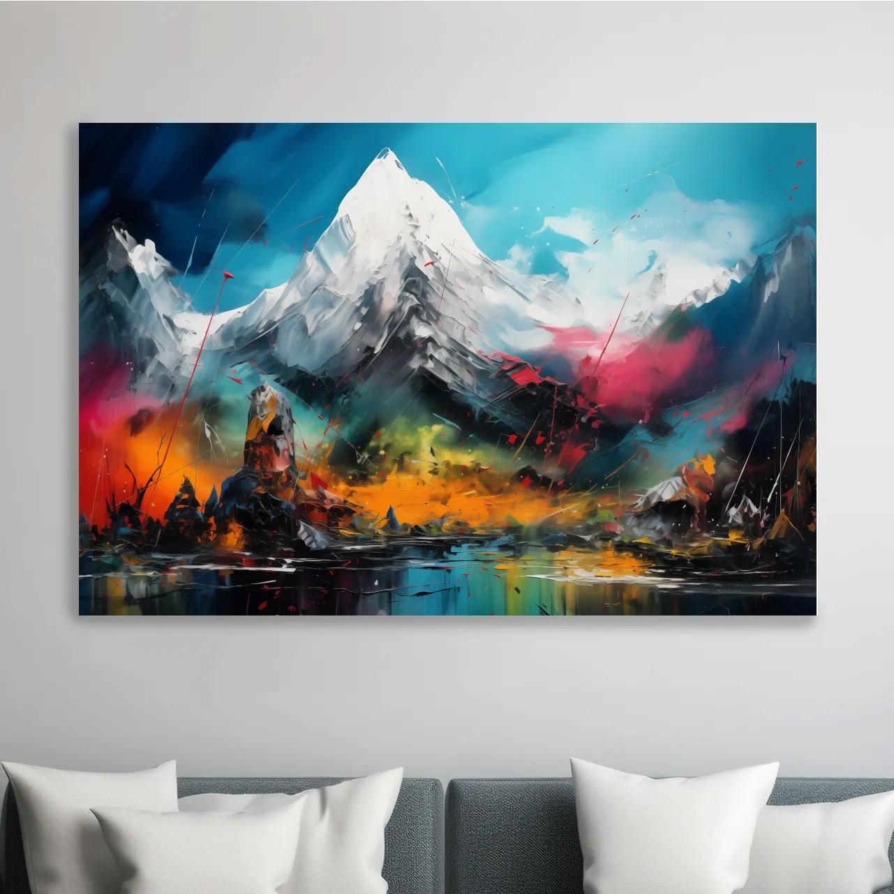 Abstract vibrant mountain wall art, impasto painting effect