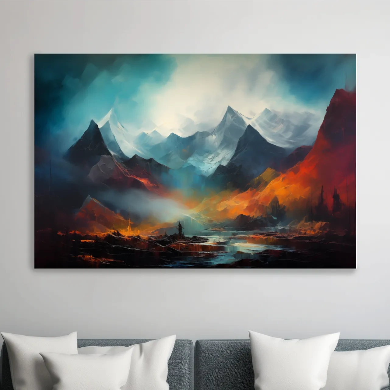 Colorful impressionist painting, abstract mountain landscape artwork
