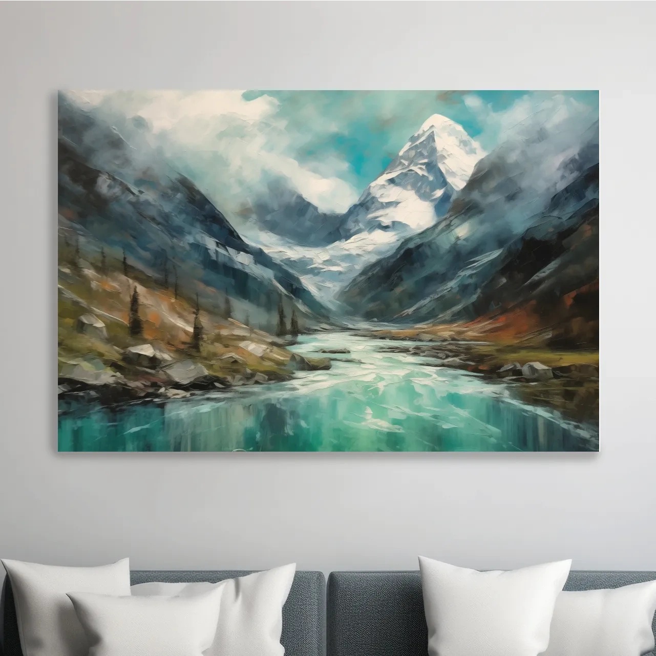 Impressionist style painting of alpine meadows, glacier and lake