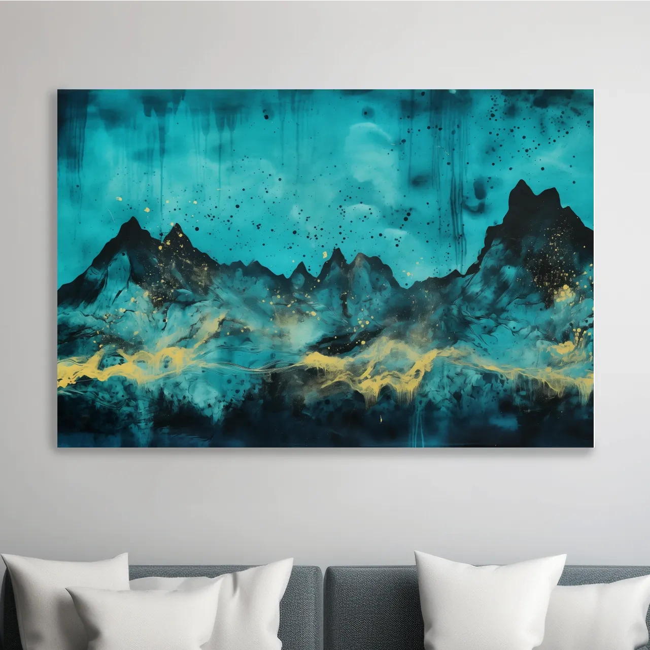 Mystical turquoise mountain wall art, abstract night sky with gold accents