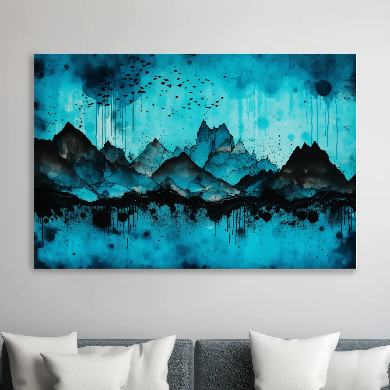 Abstract mountain landscape artwork, watercolor ink splatter design