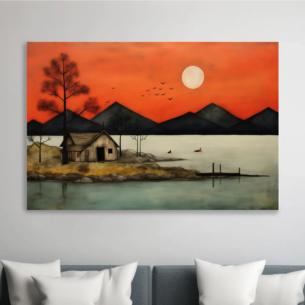 Rustic Lakeside Cabin Sunset Painting - Mountain Wall Art