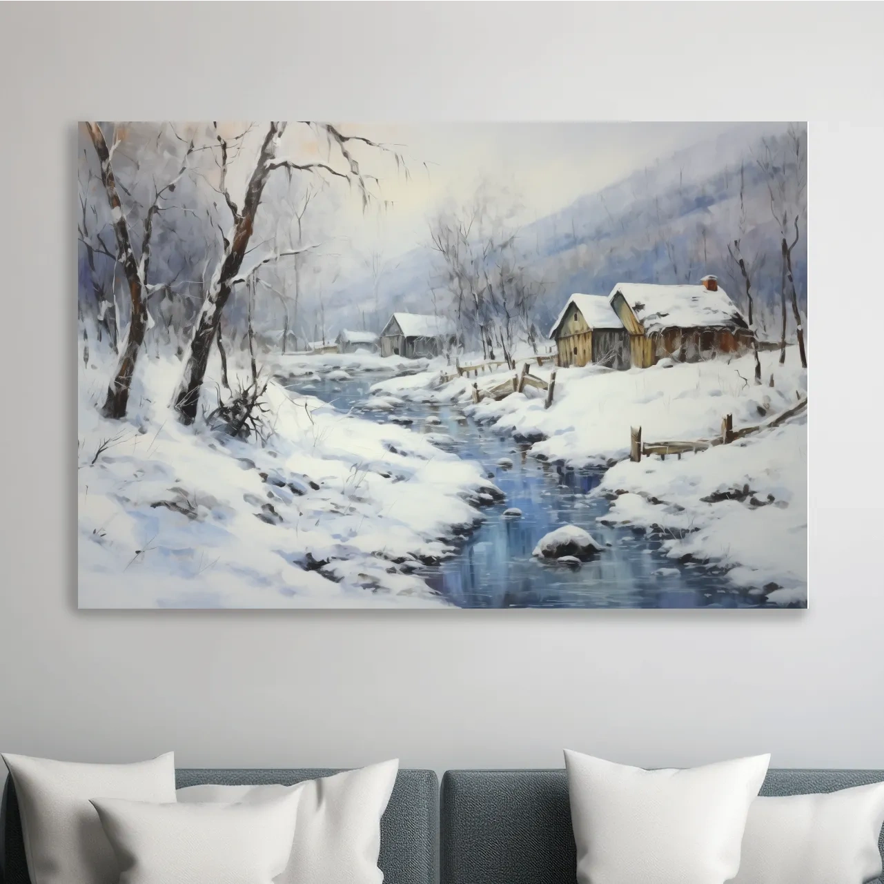Snowy Winter Cabin Stream Landscape - Serene Rustic Wall Art