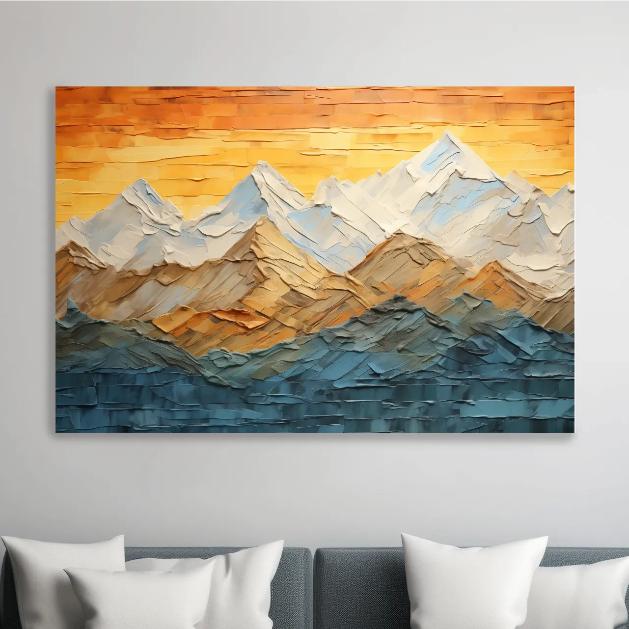 Impasto Style Mountain Range Sunset - Pallet Knife Painting Effect Wall Art