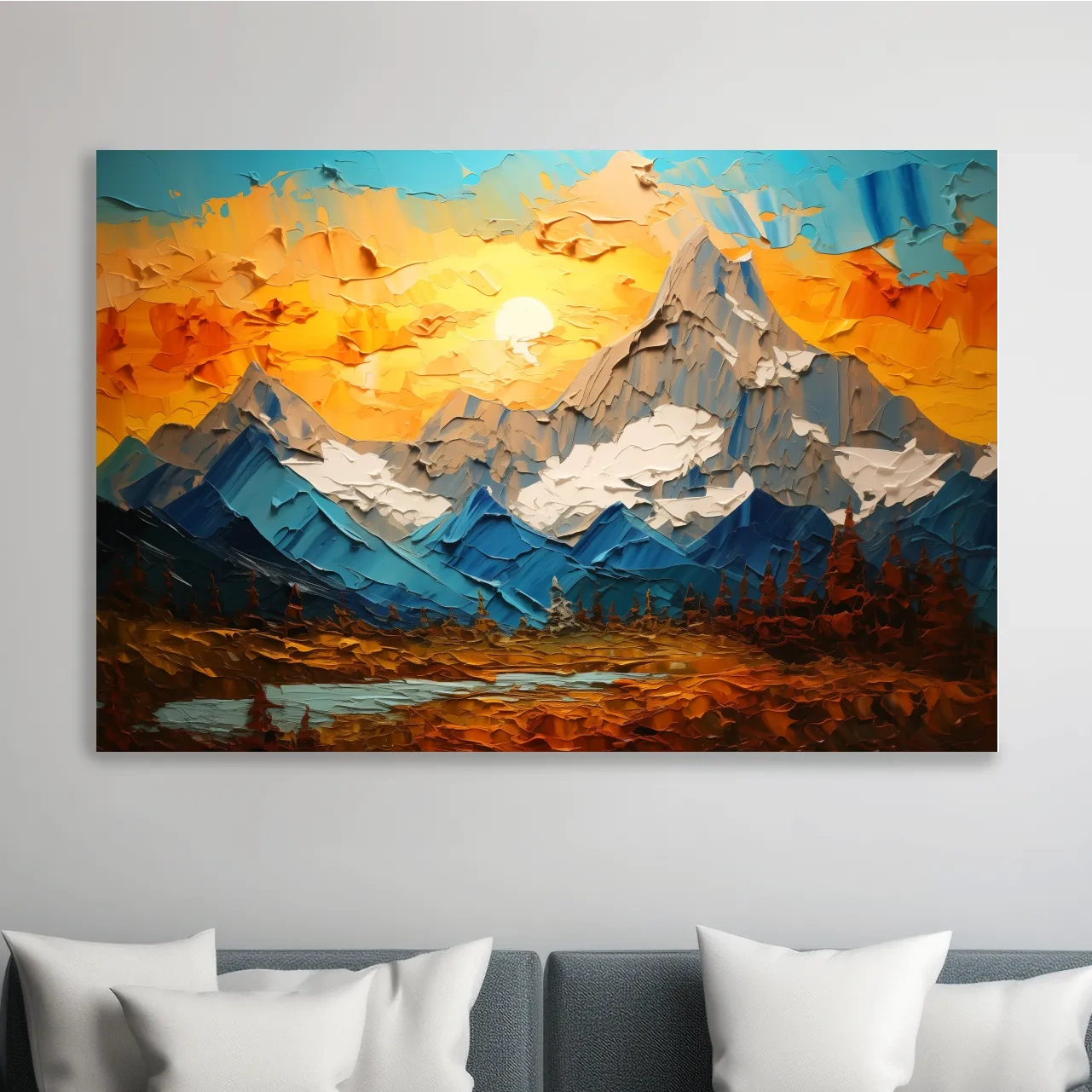 Colorful sunset mountain art, thick textured palette knife painting effect print
