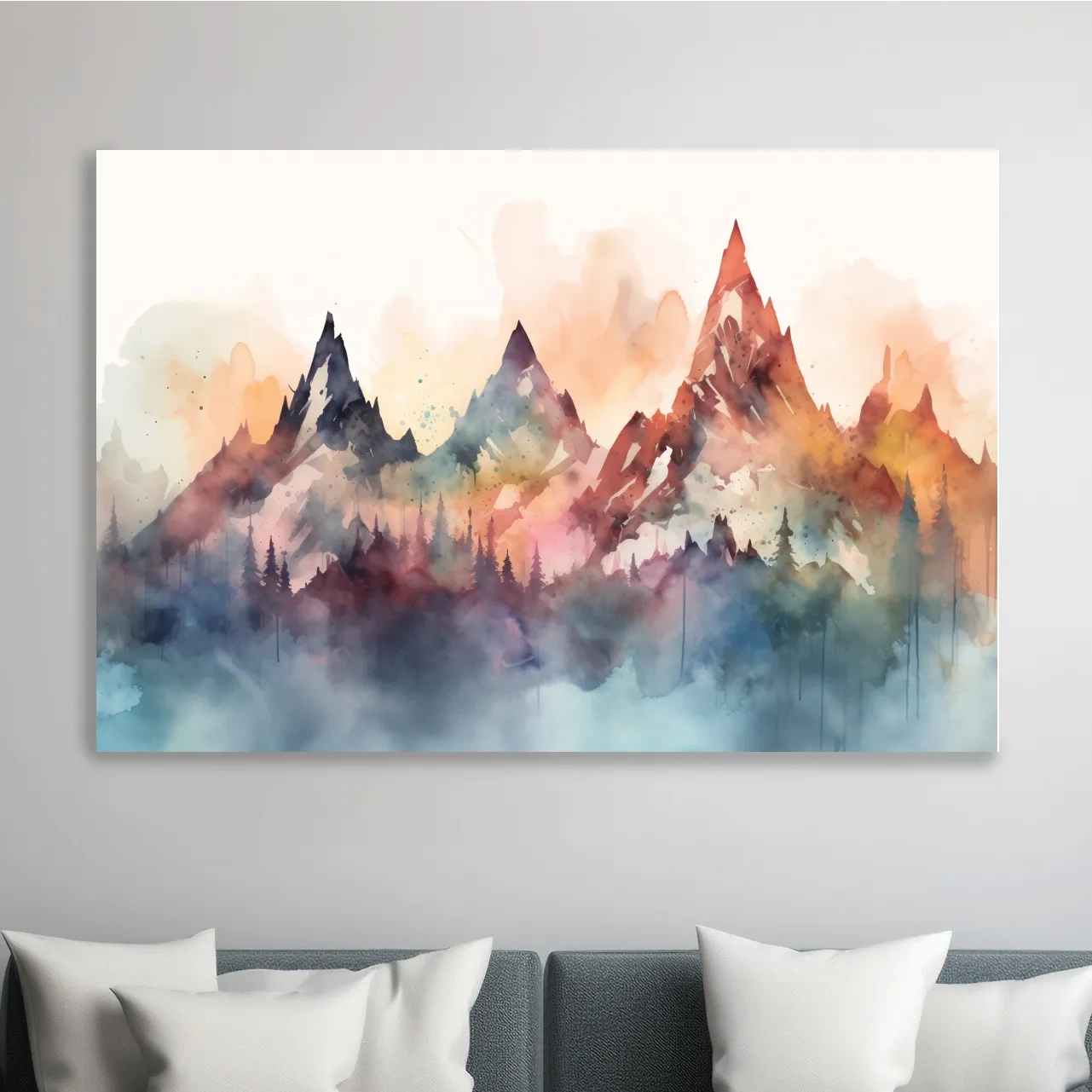 Colorful watercolor mountain wall art, serene misty landscape painting