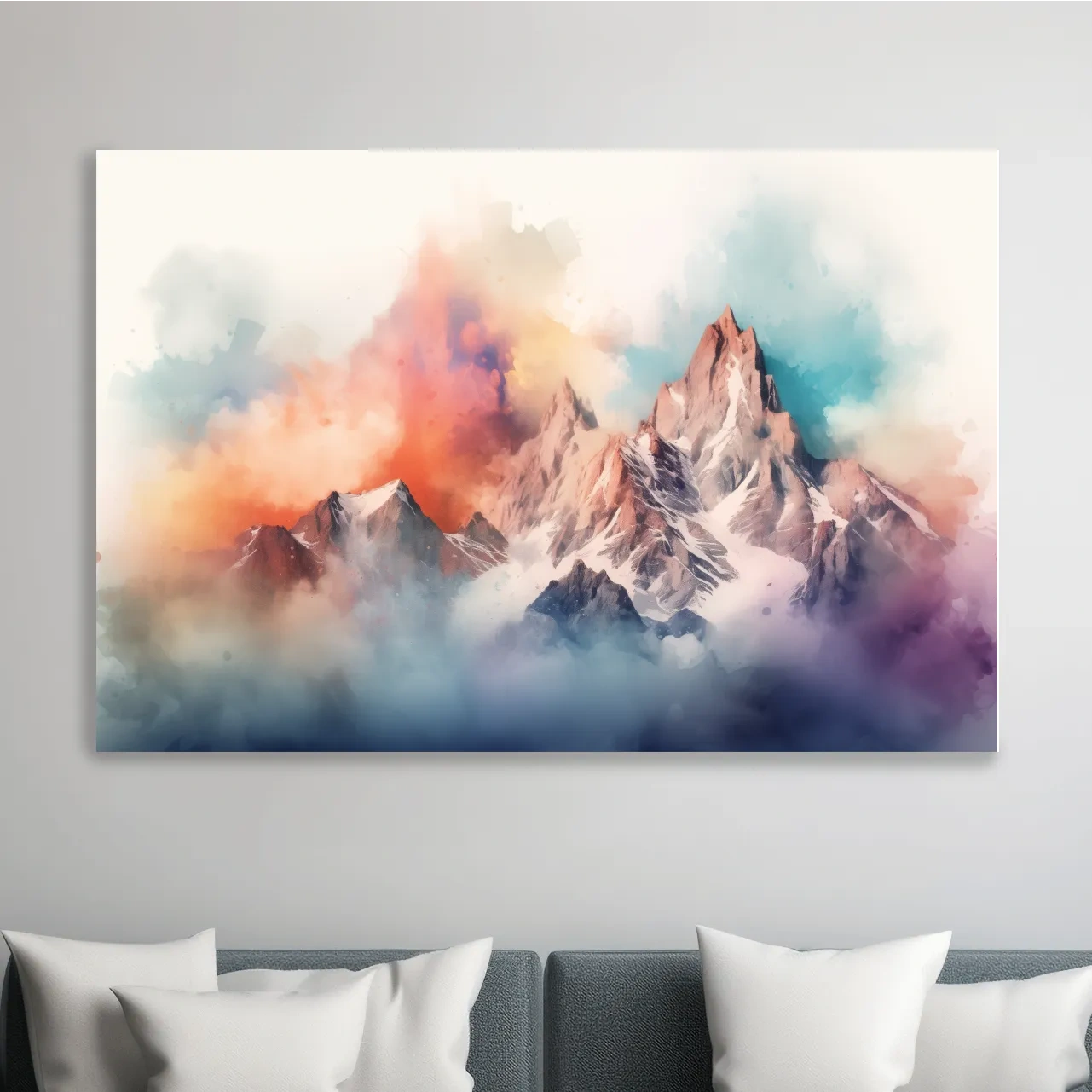 Abstract colourful mountain artwork, vibrant effect with clouds and peaks