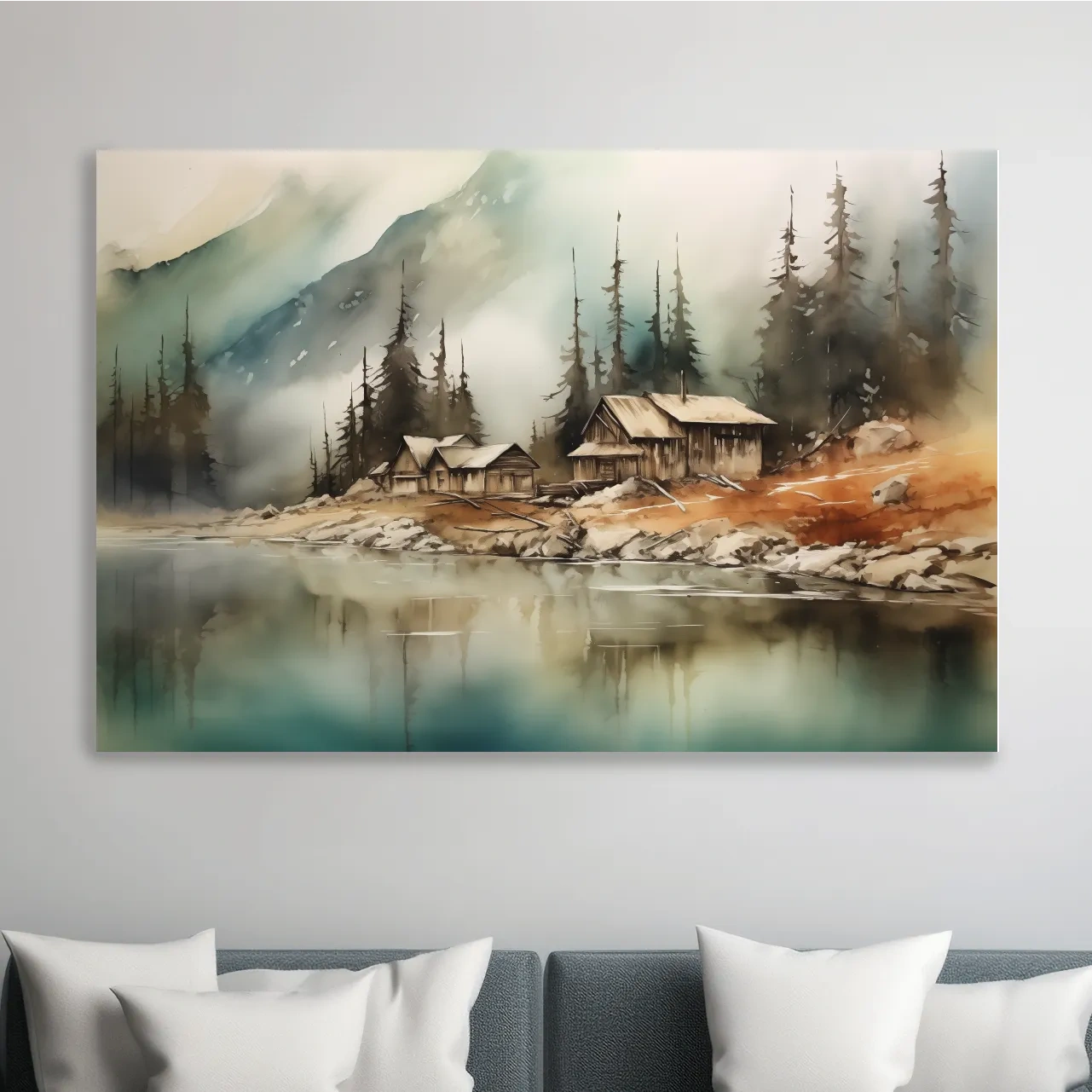 Rustic alpine mountain lake cabins, watercolor style landscape wall art