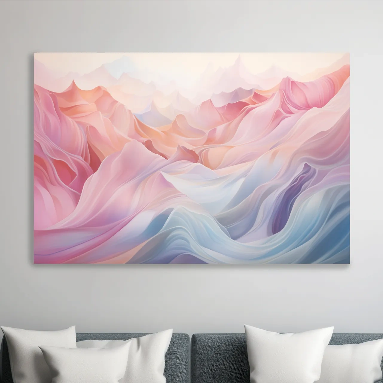 Soft pastel abstract mountain landscape artwork, flowing abstract waves in pink and blue tones