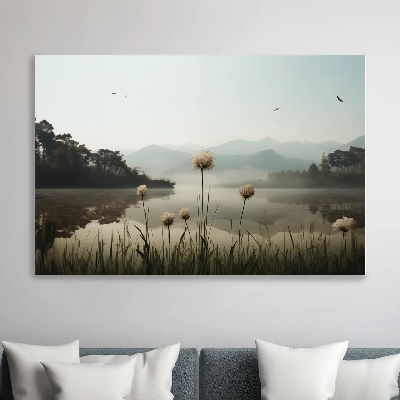 Photographic art painting of dandelions on the lake