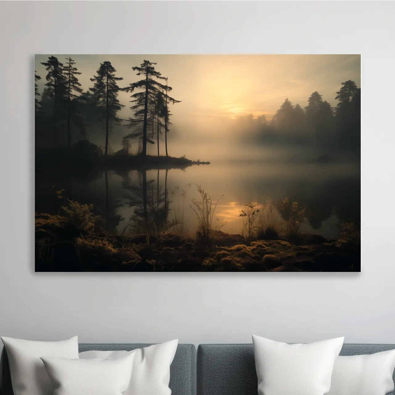 Photographic art of a misty lake at sunrise