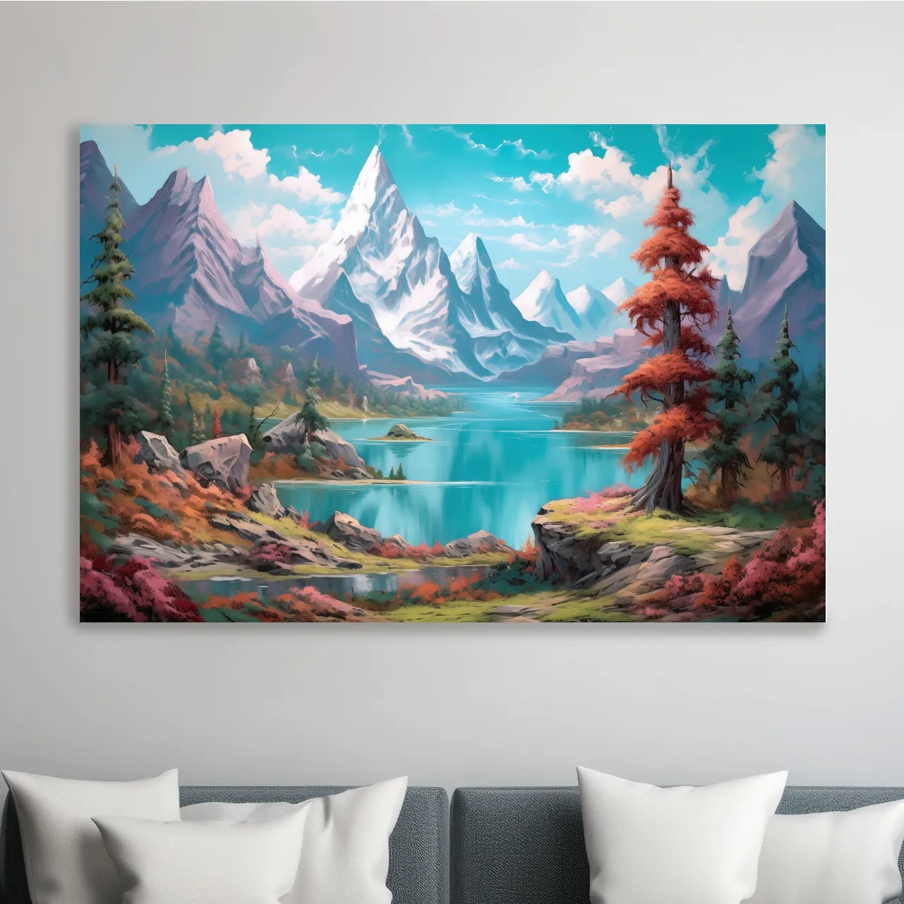 Painting of a surreal alpine mountain landscape