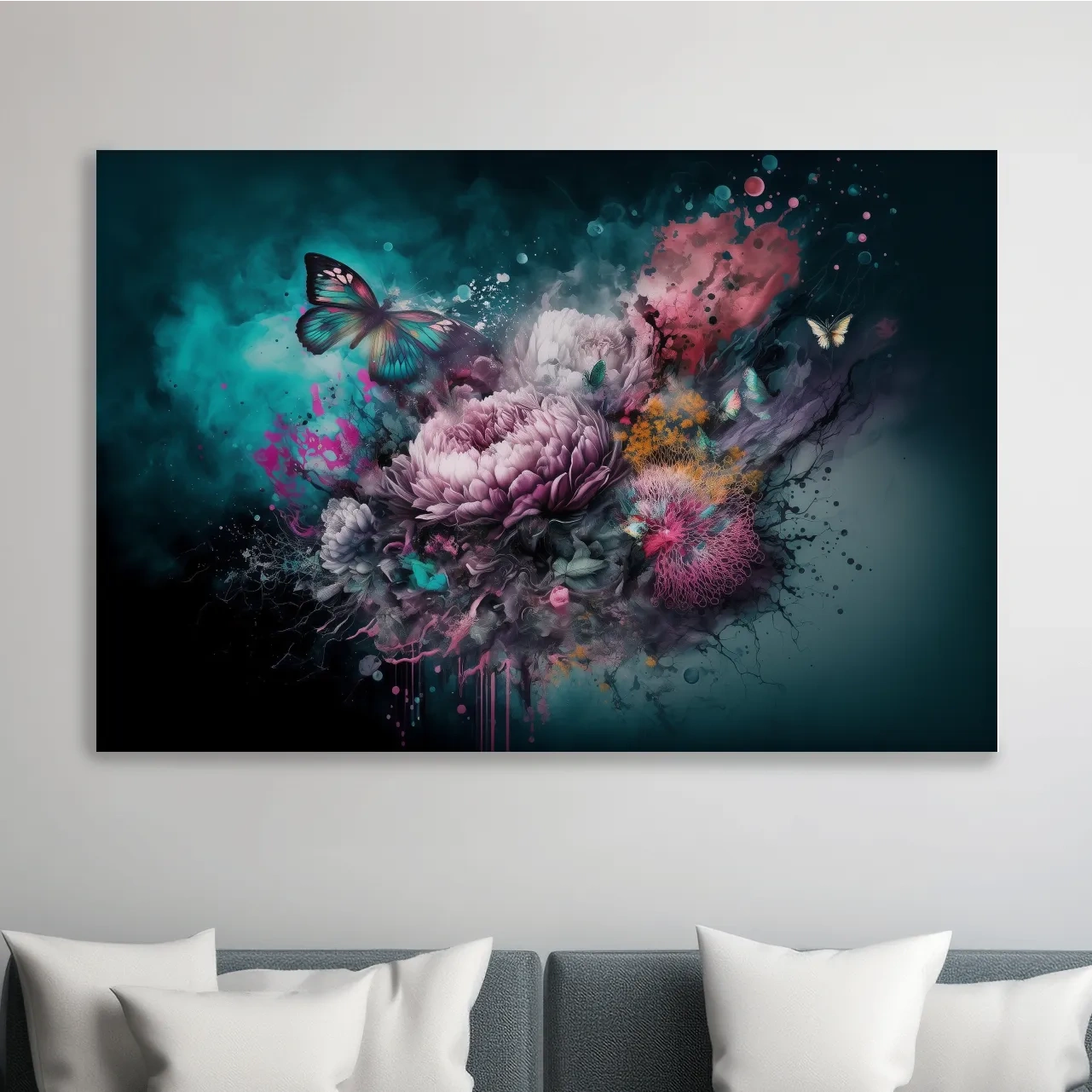 Fantasy floral explosion artwork with butterflies, vibrant abstract wall art