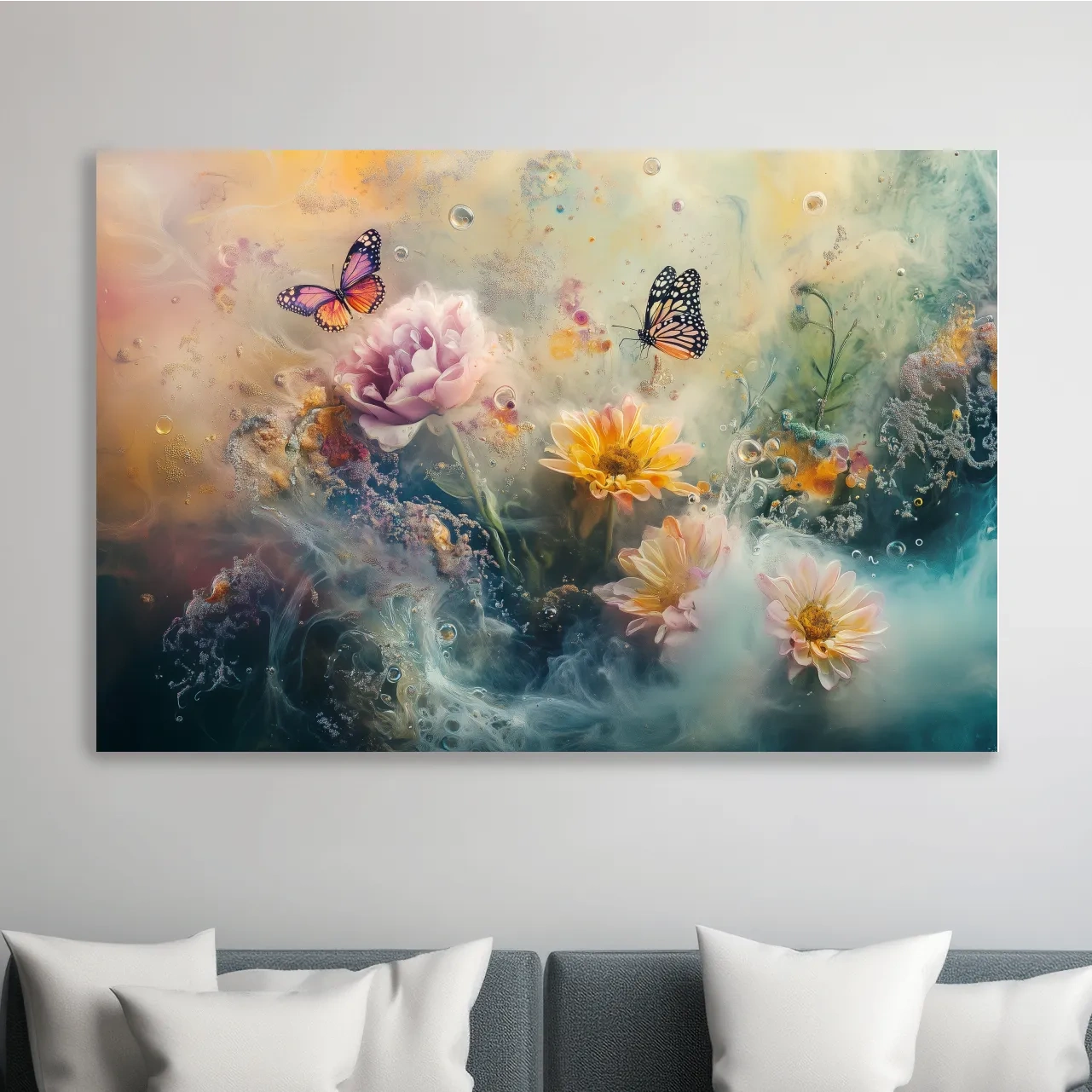Abstract butterfly and flower wall art painting, dreamy pastel artwork