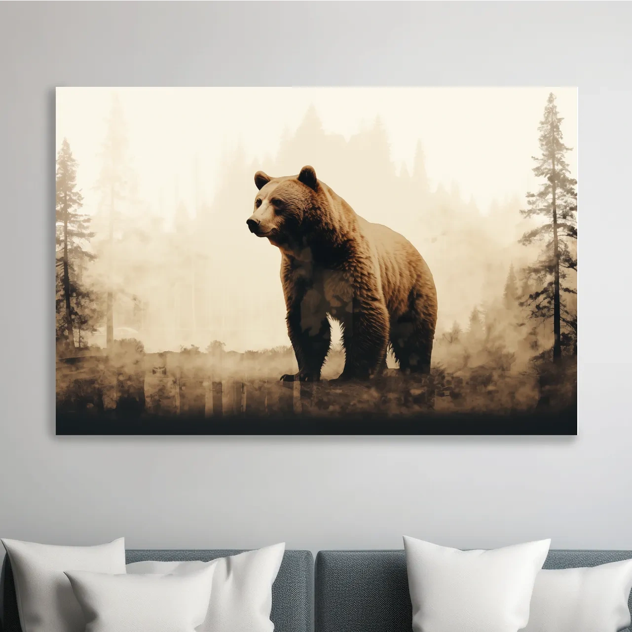 Grizzly bear in the forest, double exposure sepia photography artwork