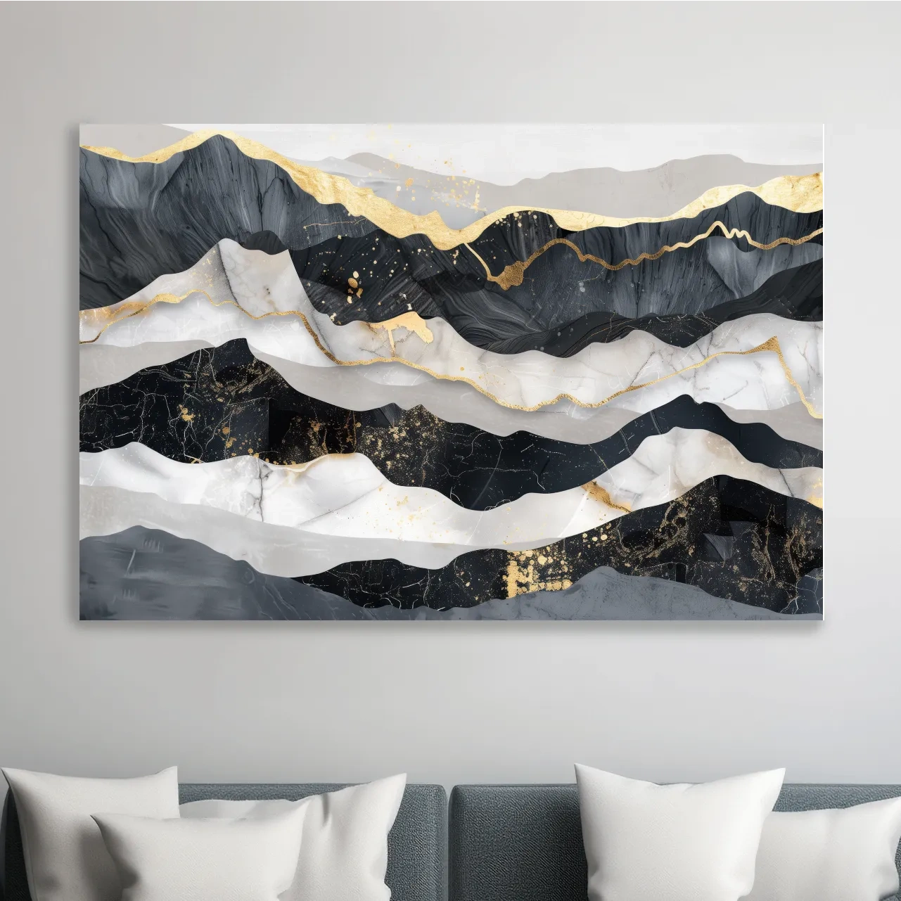 Abstract Black Marble Mountain Layers - Modern Elegant Gold Foil Landscape Wall Art