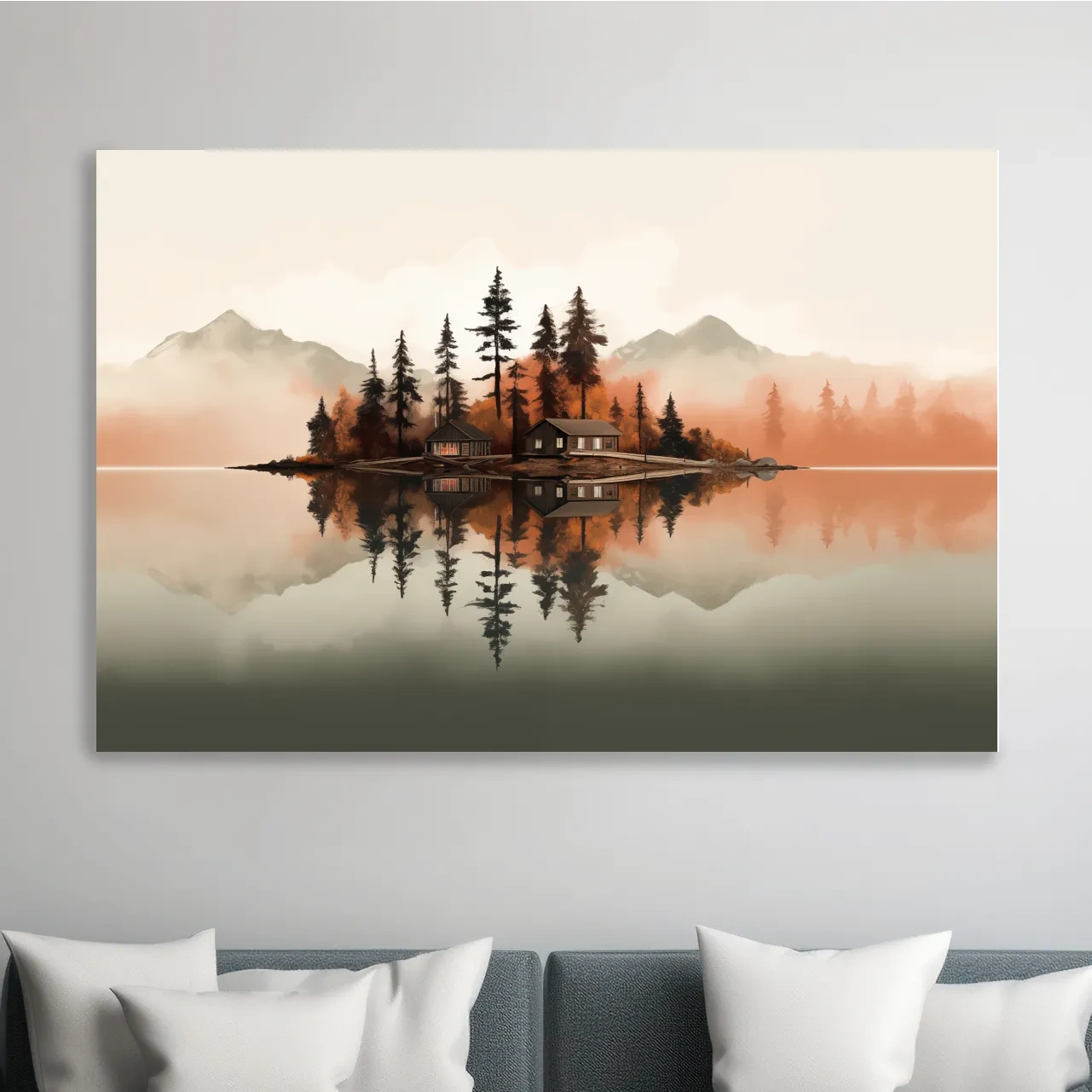 Minimalist art, lakeside cabin amongst the trees