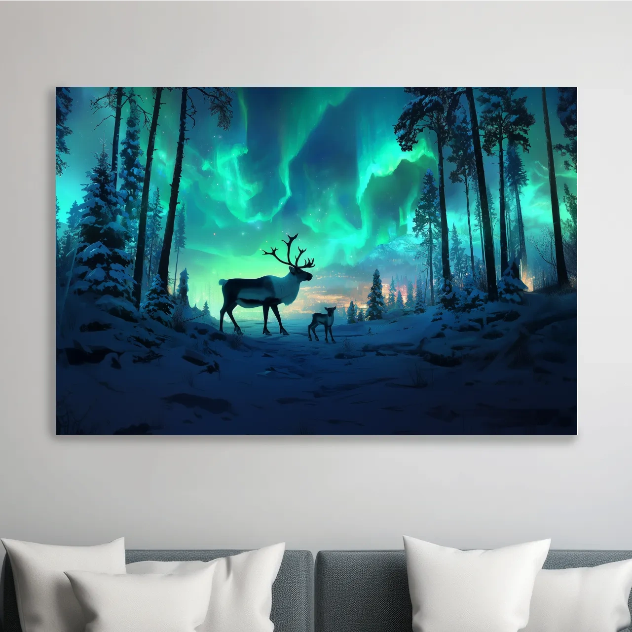 Caribou buck and fawn under vibrant northern lights in a snowy winter forest