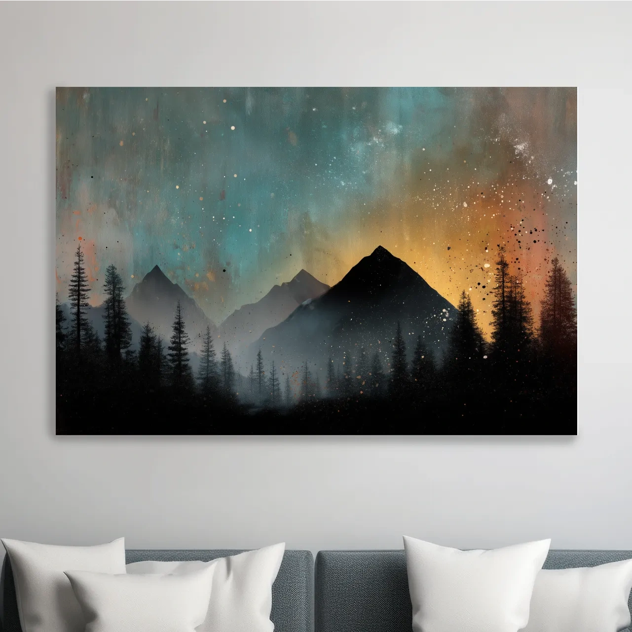 Colorful mountain sunrise artwork, misty forest and starry sky painting