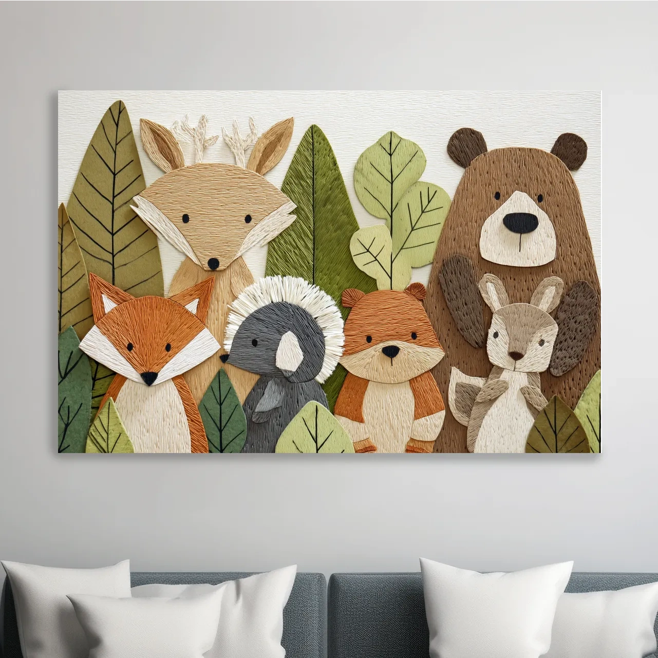 Woodland animal nursery decor, cute forest animal wall art in textured embroidery style