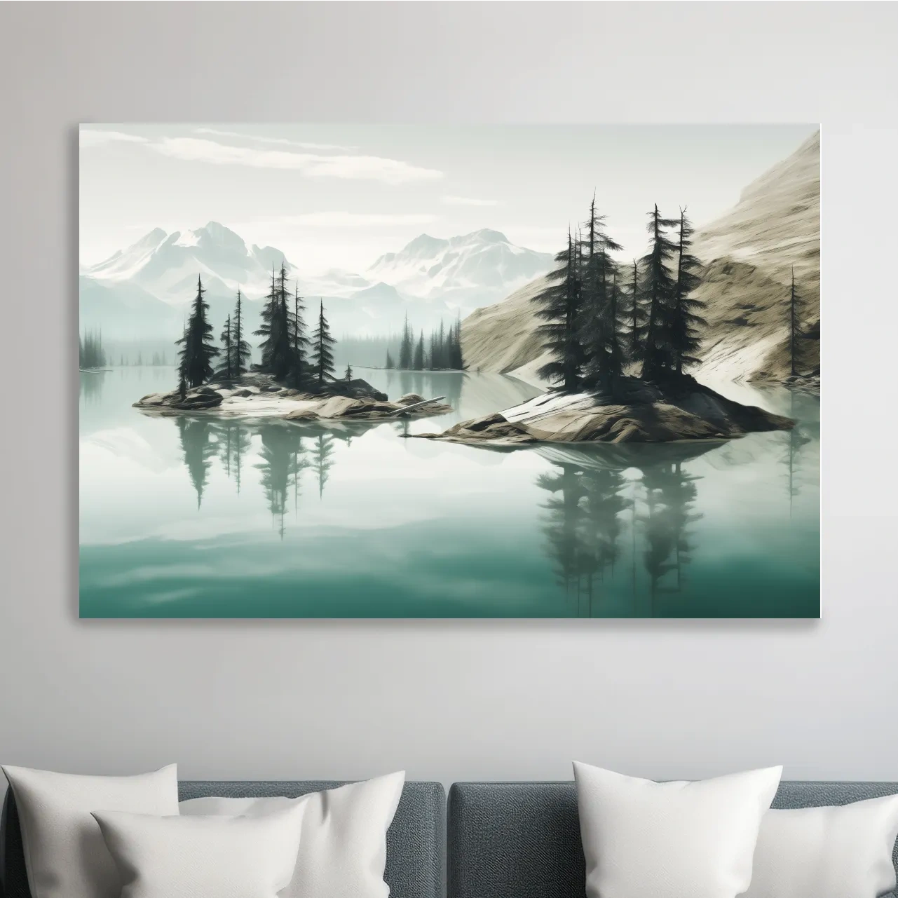 Painting of trees on a pacific northwest turquoise lake alpine lake