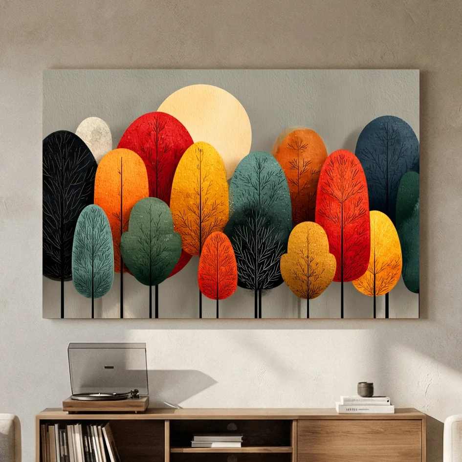 Mid-Century Abstract Autumn Forest Trees - Modern Scandinavian Landscape Artwork