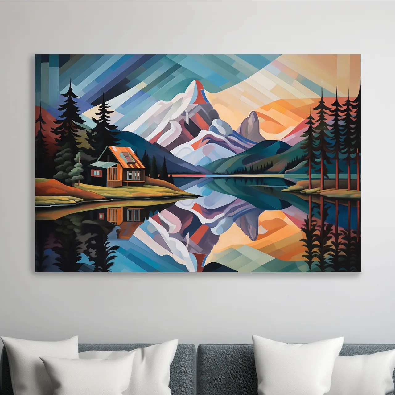 Mountain Cabin by the Lake Canvas Print - Abstract Oil Painting Sunset Wall Art