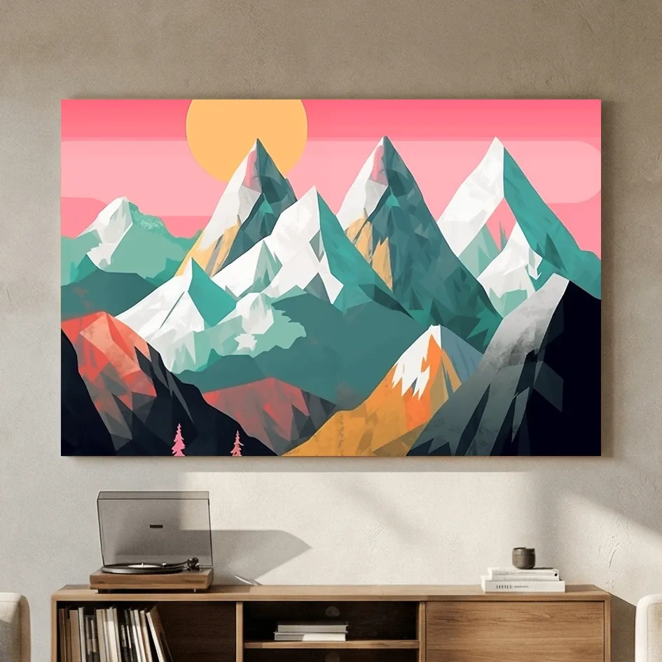 Alpine Mountains Sunrise Illustration - Colorful Landscape Wall Art