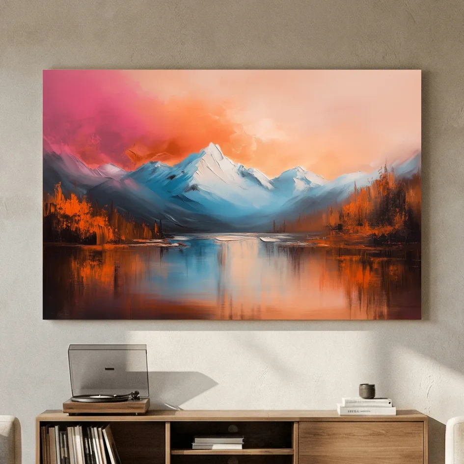 Sunset Mountain Lake Painting - Serene Abstract Landscape Wall Art Print