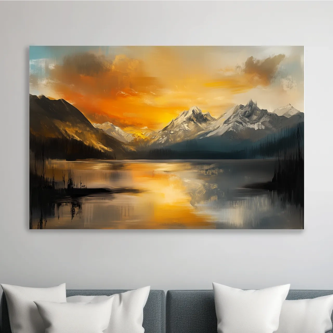 Moody Alpine Mountain Lake Sunset Painting - Oil Painting Style Wall Art