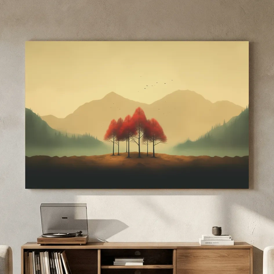 Minimalist Autumn Tree Grove Landscape - Misty Mountain Forest Wall Art