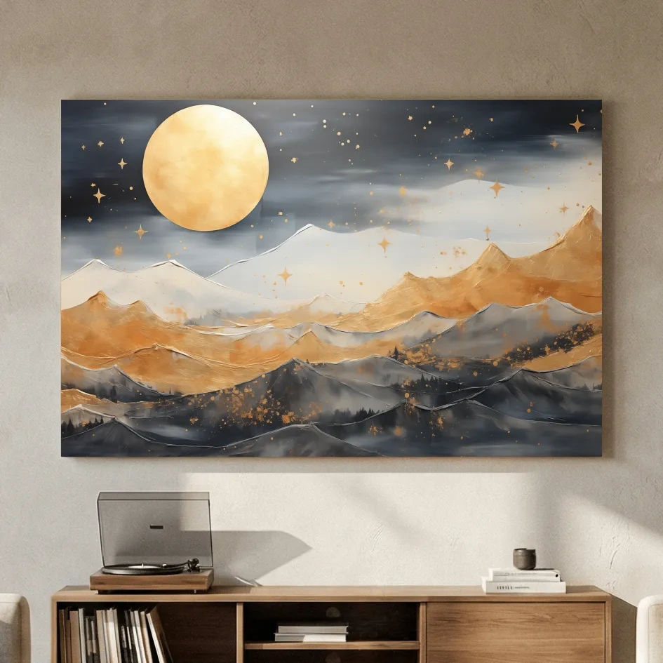 Golden Moonlit Abstract Mountain Landscape - Modern Metallic Watercolor Wall Art