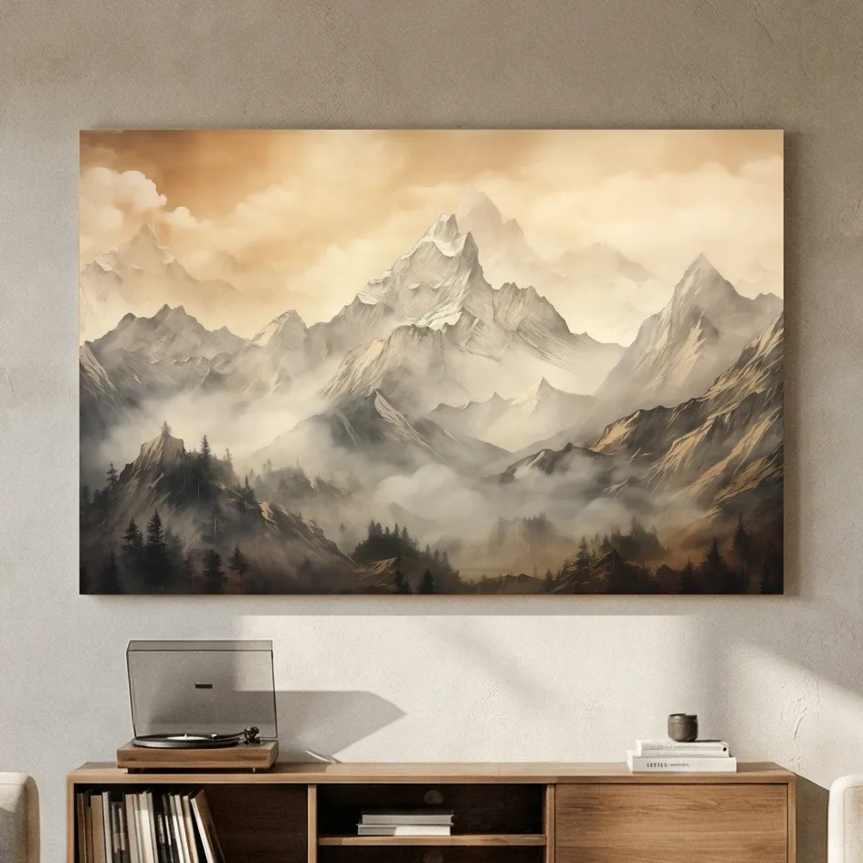 Moody Sepia Misty Mountain Peaks - Atmospheric Alpine Landscape Painting Wall Art