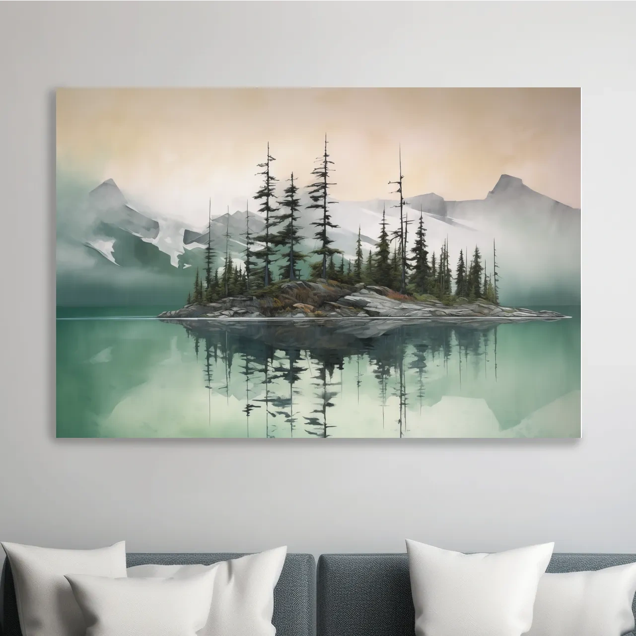 Misty Turquoise Alpine Lake Reflection - Serene Watercolor Mountain Landscape Wall Art