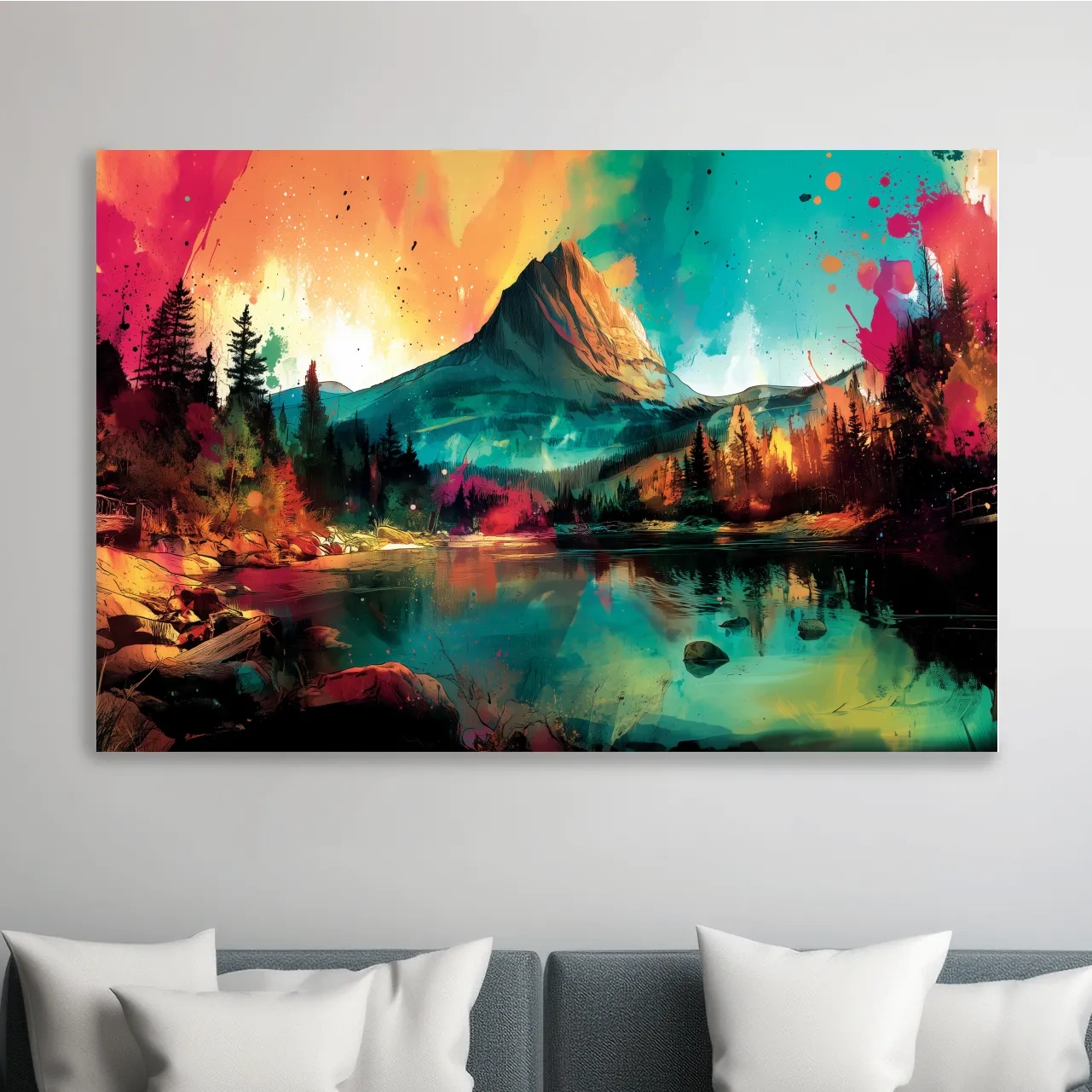 Vibrant Abstract Alpine Mountain Sunrise - Colorful Watercolor Style Artwork