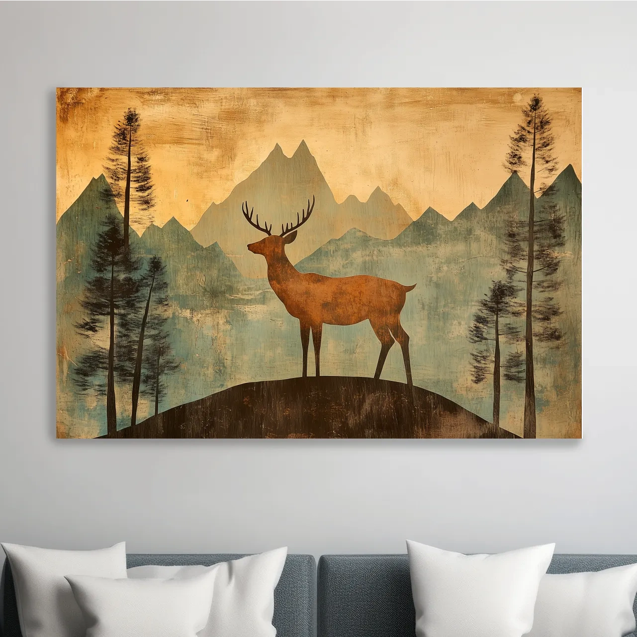 Rustic Deer Silhouette Mountain Landscape - Vintage Textured Woodland Wall Art