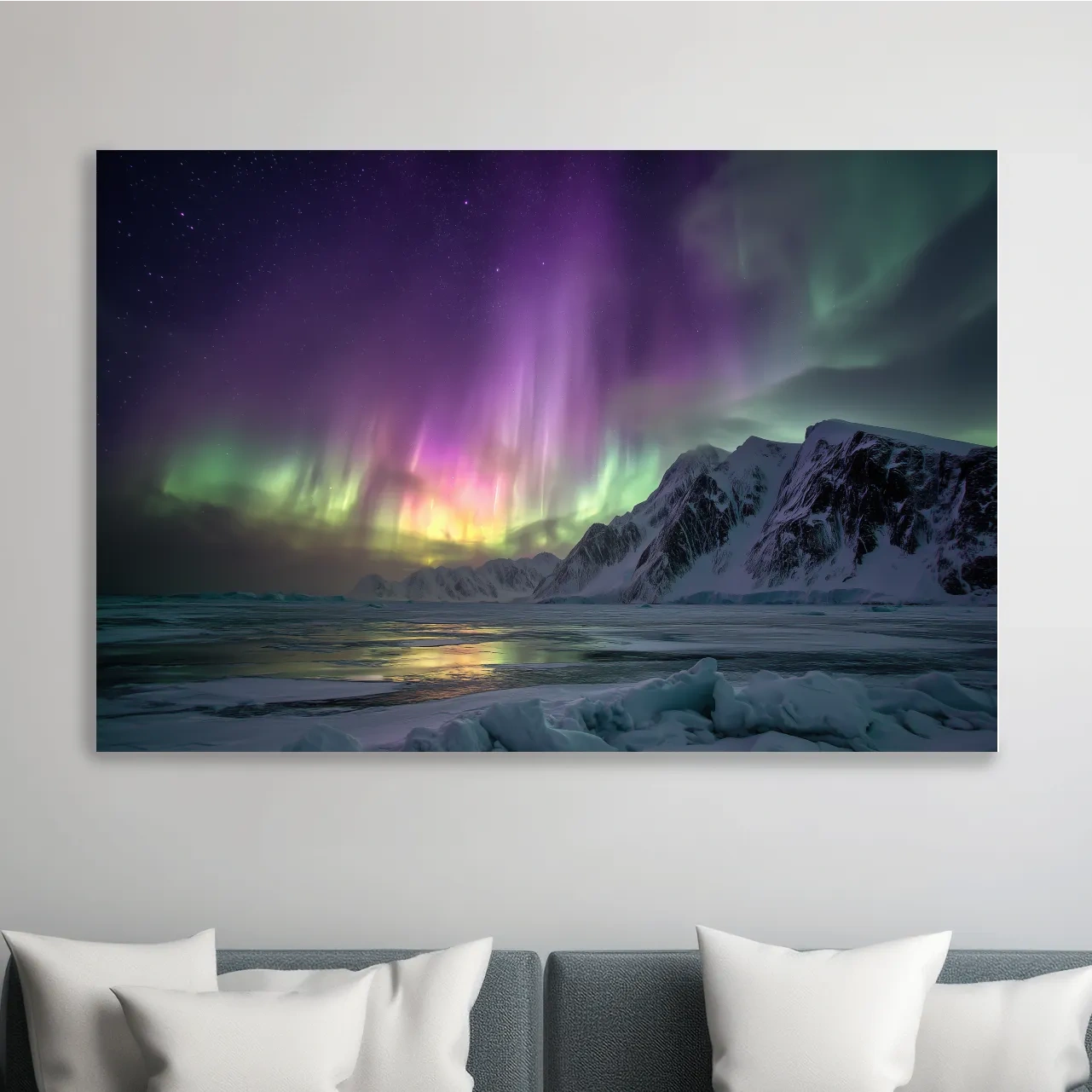 Vibrant Northern Lights Over Snowy Mountains - Aurora Borealis Photographic Night Sky Wall Art