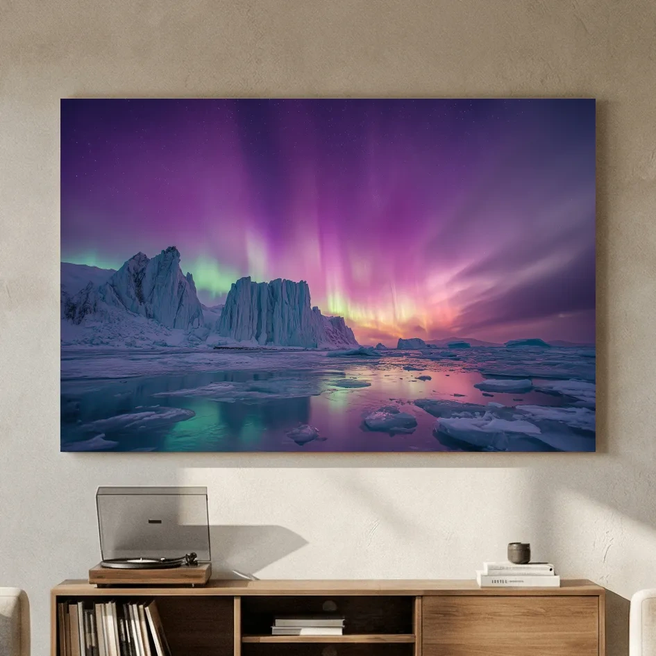 Vibrant Purple Northern Lights Over Arctic Icebergs - Aurora Borealis Landscape Wall Art