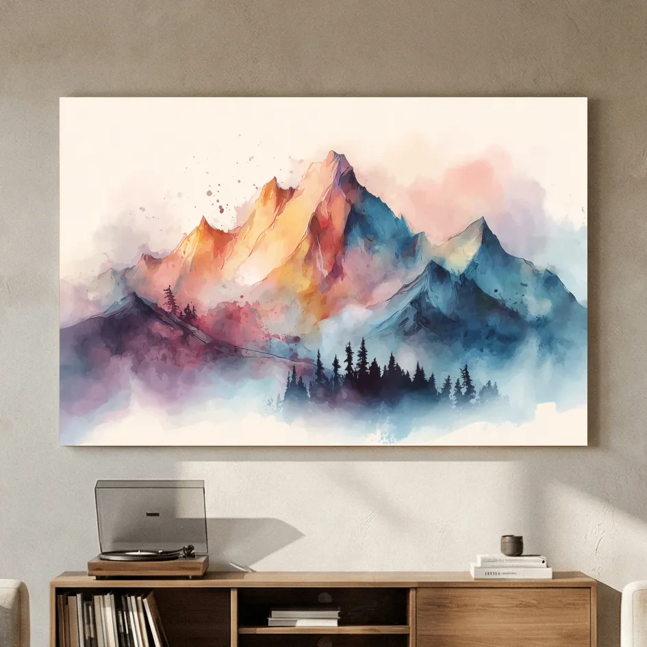 Vibrant Watercolor Mountain Peaks - Colorful Misty Alpine Forest Wall Art