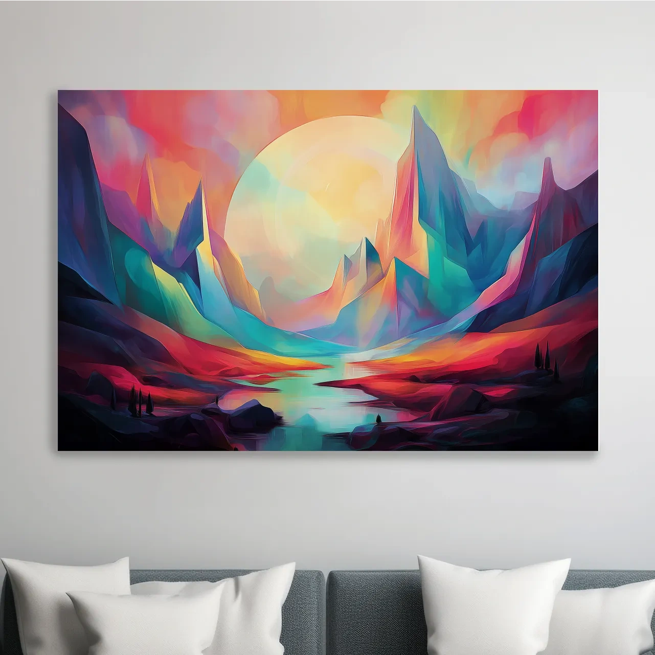 Vibrant Abstract Mountain Valley Sunset - Colorful Surreal Landscape Wall Art