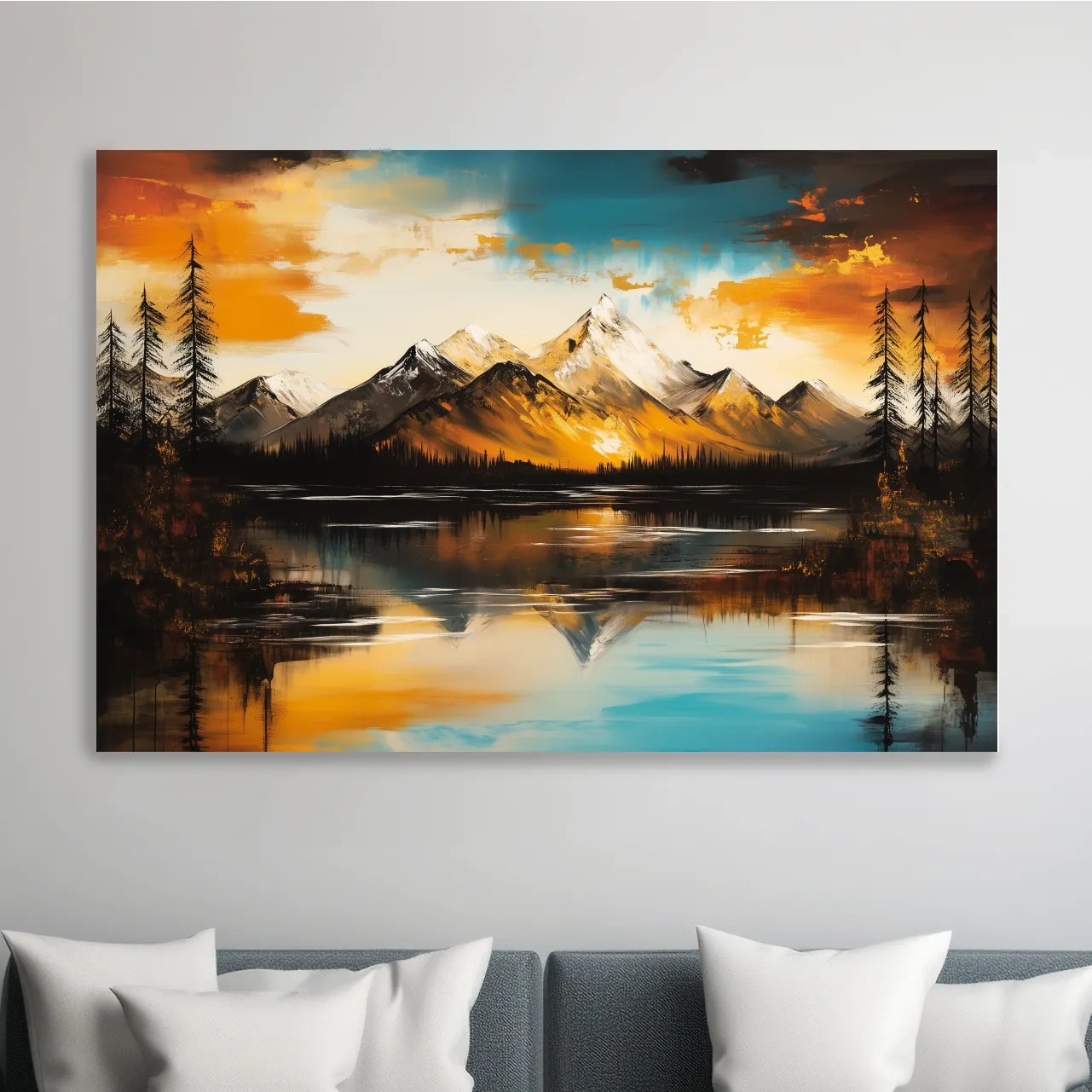 Alpine Mountain Sunset Oil Painting - Textured Abstract Landscape Wall Art