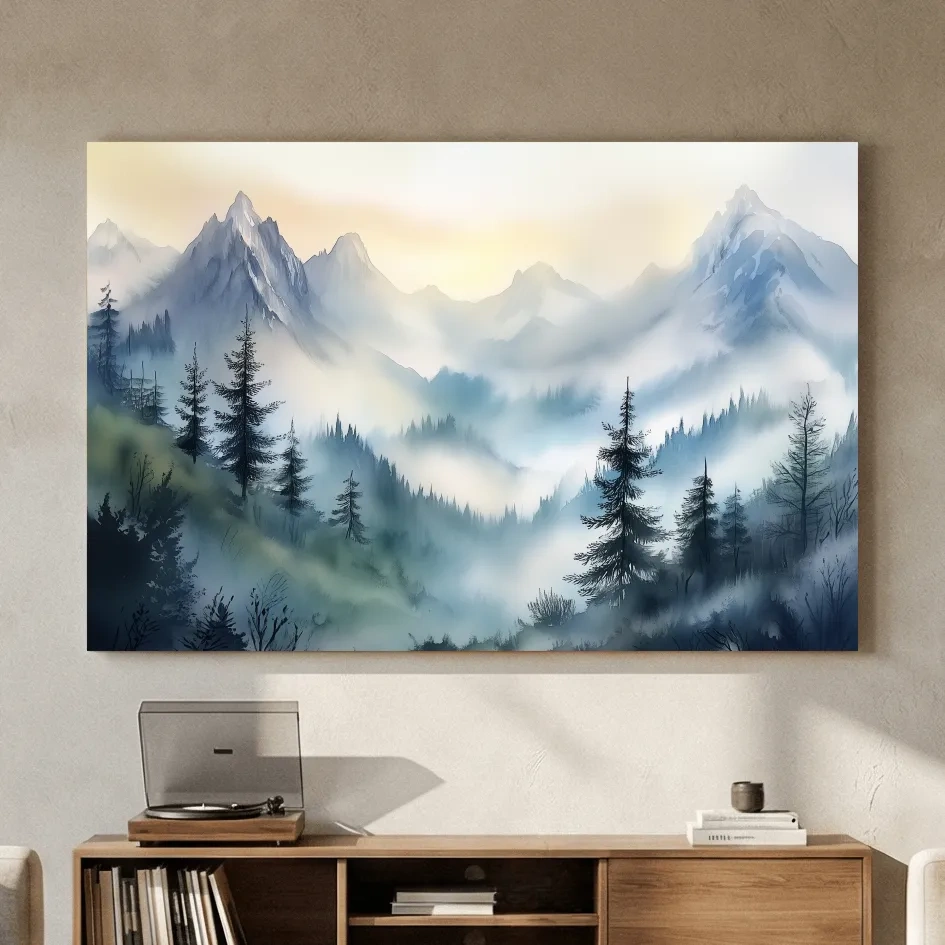 Chinese Ink Wash Watercolor Mountain Peaks - Foggy Alpine Wall Art