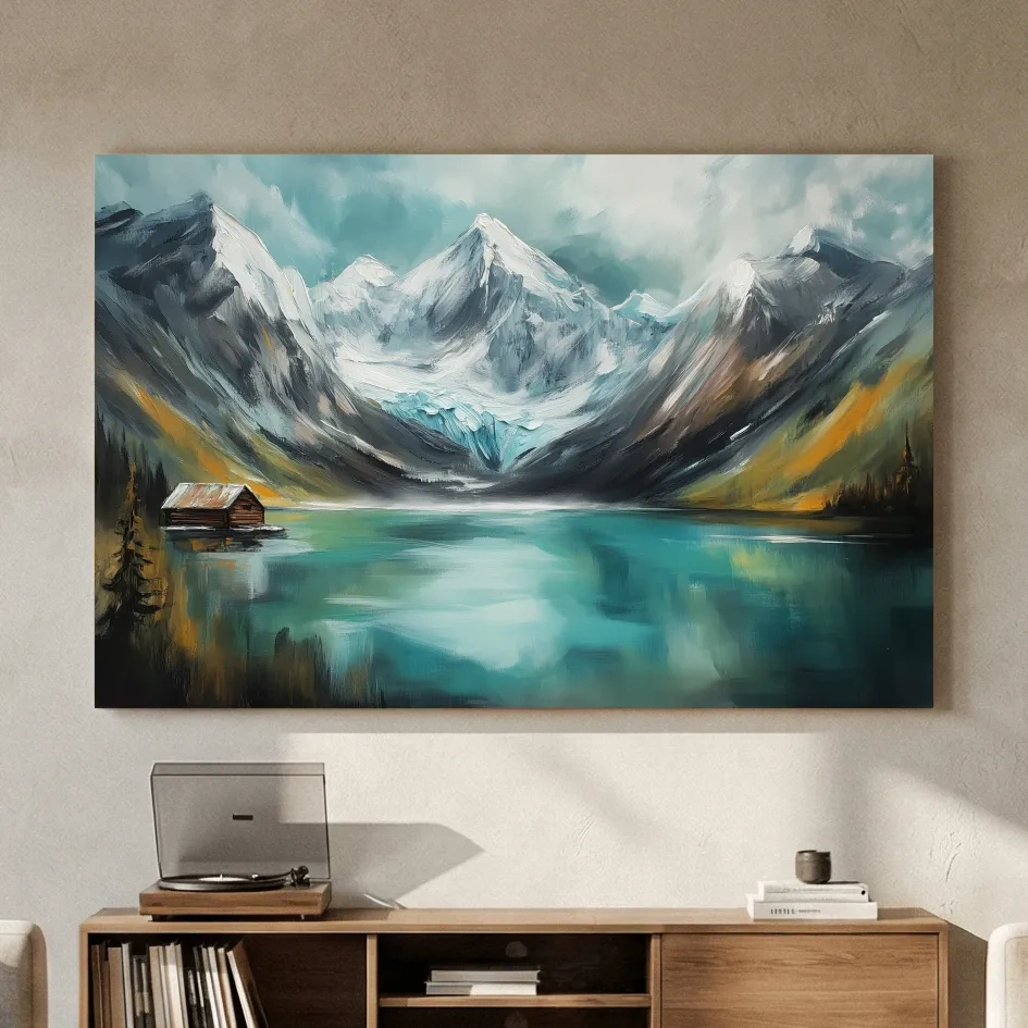 Turquoise Alpine Lake Cabin Painting - Snowy Mountain Landscape Wall Art